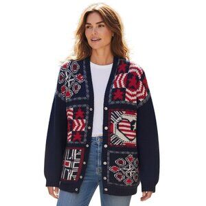 Vintage Jayson Younger Large Americana Wool Knit Cardigan Sweater Red White Blue